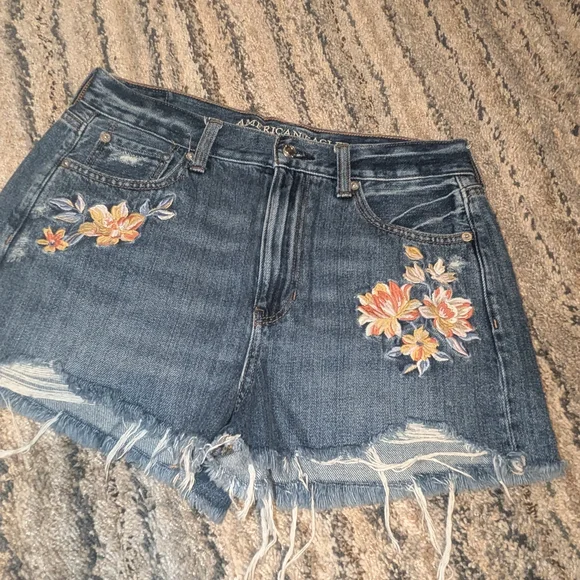 American Eagle Outfitters Embroidered Dark Blue Denim Cutoff Shorts - Picture 1 of 4